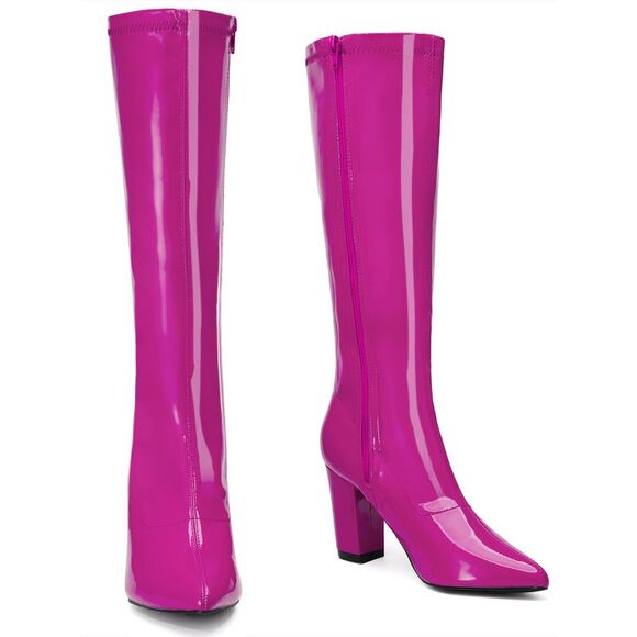 GoGo Boot Patent Leather Chunky Heels Hot Pink Knee High Boots - Picture 4 of 6